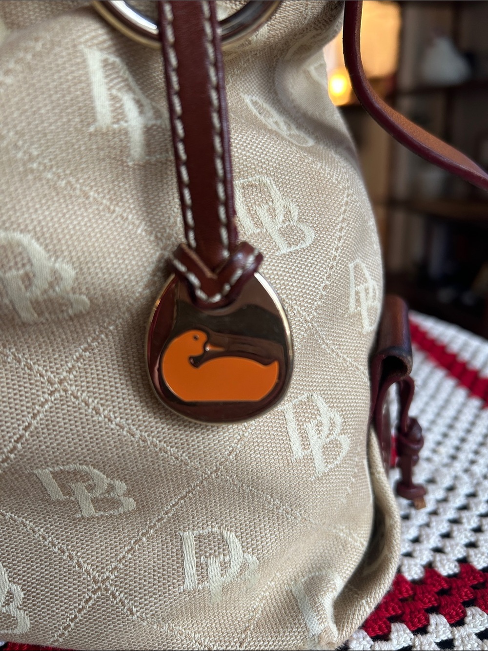Dooney & Bourke Tan and Brown Logo Drawstring Shoulder Bag - Picture 2 of 9